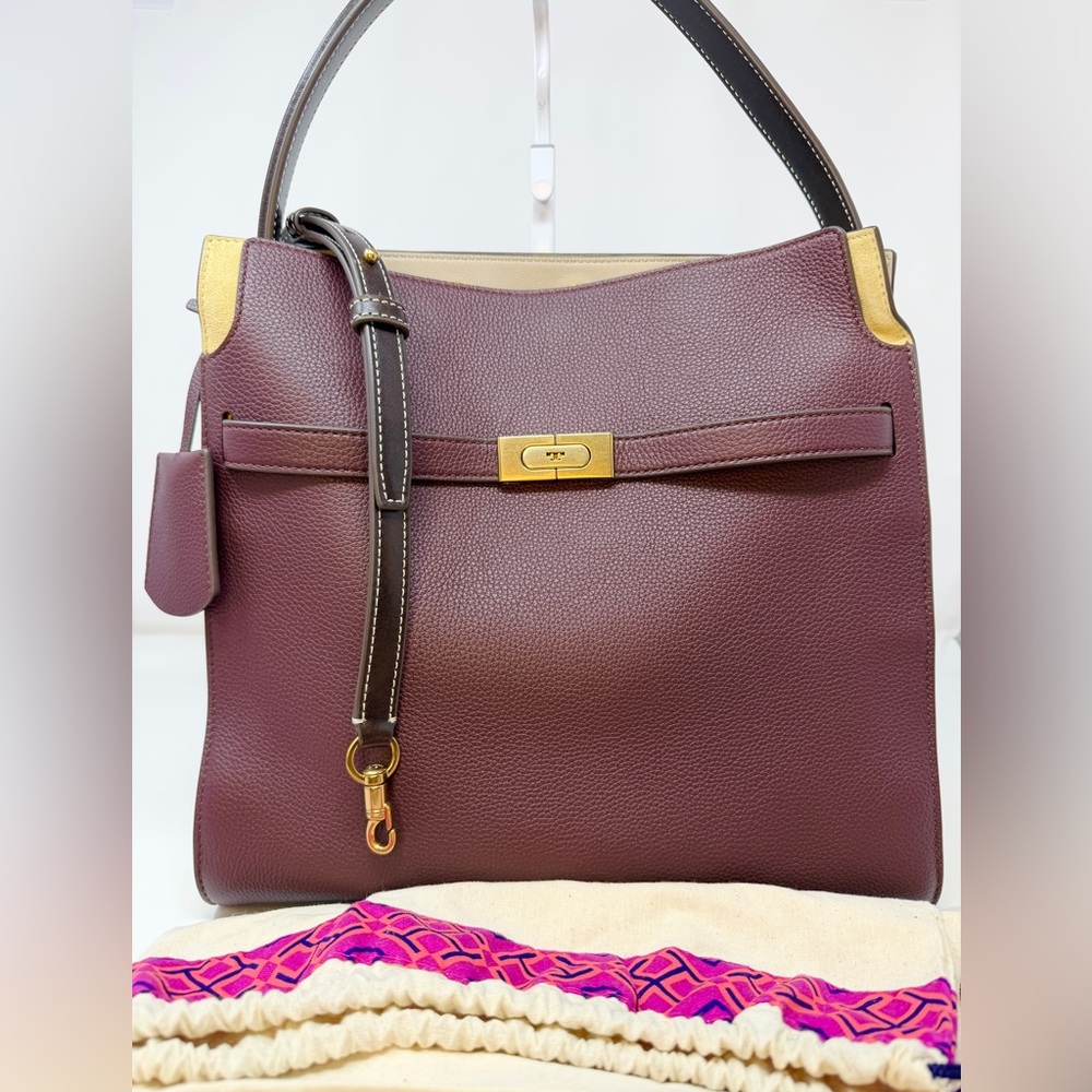 Tory Burch Lee Radziwill Pebbled Leather Double Burgundy Suede